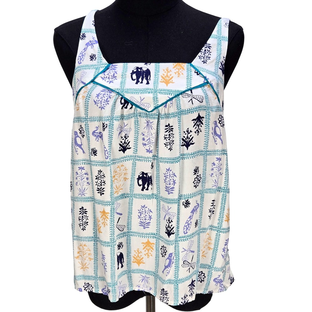 Women's Anthropologie Maeve XS Tank Top Elephant Block Print Keyhole Back